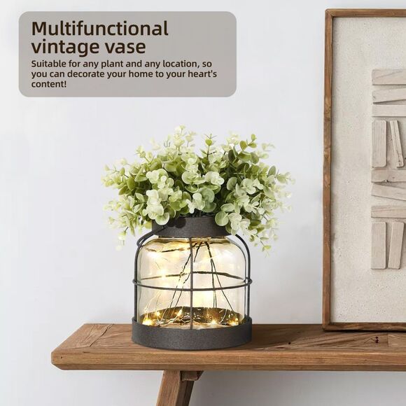 Handmade Rustic Lantern Planter With Artificial Flowers & LED Vintage Glass Vase - Picture 5 of 5